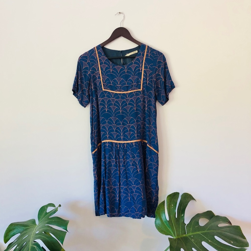 Acoté Lapiz Blue Drop-Waist Dress w/ Metallic Trim